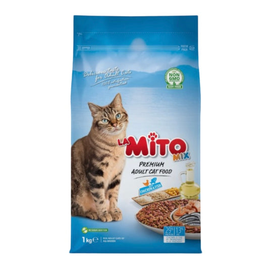 Mito adult mix 15 kg للقطط البالغة بنكهة الدجاج والسمك واللحم شوال