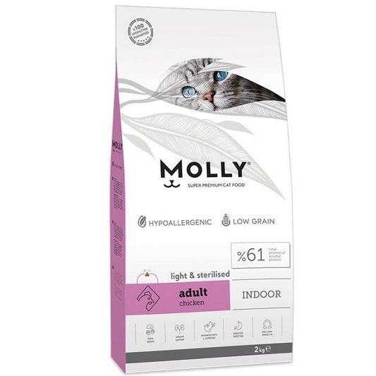 Molly indoor light & sterillised 2kg للقطط المعقمة بنكهة الدجاج